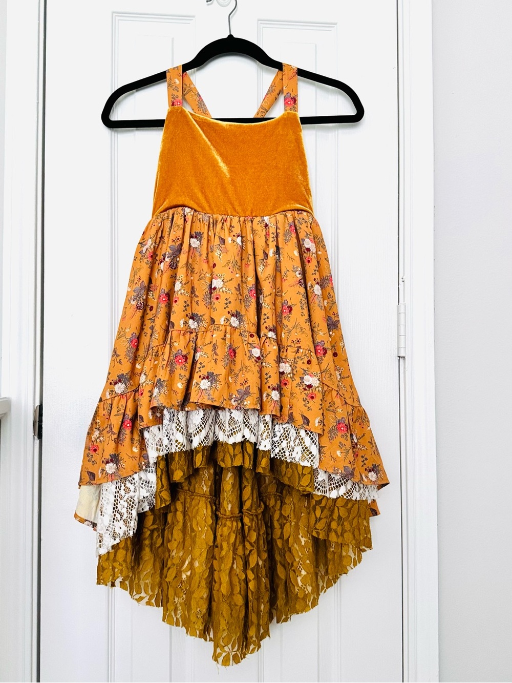 Girls Fairycore Whimsygoth Fall Mustard Yellow Floral High Low Dress size 8